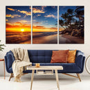 Tropical Beach Sunset Canvas Art, Palm Trees and Ocean Waves