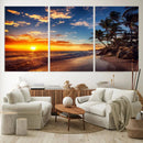 Tropical Beach Sunset Canvas Art, Palm Trees and Ocean Waves