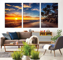 Tropical Beach Sunset Canvas Art, Palm Trees and Ocean Waves