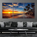 Tropical Beach Sunset Canvas Art, Palm Trees and Ocean Waves