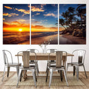 Tropical Beach Sunset Canvas Art, Palm Trees and Ocean Waves