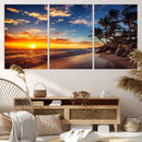 Tropical Beach Sunset Canvas Art, Palm Trees and Ocean Waves