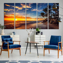 Tropical Beach Sunset Canvas Art, Palm Trees and Ocean Waves