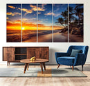 Tropical Beach Sunset Canvas Art, Palm Trees and Ocean Waves