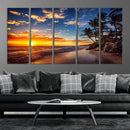 Tropical Beach Sunset Canvas Art, Palm Trees and Ocean Waves