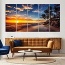 Tropical Beach Sunset Canvas Art, Palm Trees and Ocean Waves