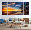 Tropical Beach Sunset Canvas Art, Palm Trees and Ocean Waves