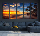 Tropical Beach Sunset Canvas Art, Palm Trees and Ocean Waves