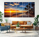 Tropical Beach Sunset Canvas Art, Palm Trees and Ocean Waves