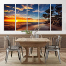 Tropical Beach Sunset Canvas Art, Palm Trees and Ocean Waves