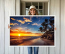 Tropical Beach Sunset Canvas Art, Palm Trees and Ocean Waves