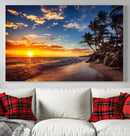 Tropical Beach Sunset Canvas Art, Palm Trees and Ocean Waves