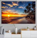 Tropical Beach Sunset Canvas Art, Palm Trees and Ocean Waves