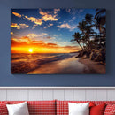 Tropical Beach Sunset Canvas Art, Palm Trees and Ocean Waves