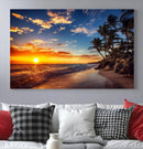 Tropical Beach Sunset Canvas Art, Palm Trees and Ocean Waves