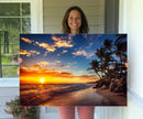 Tropical Beach Sunset Canvas Art, Palm Trees and Ocean Waves