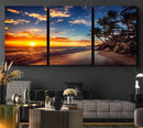 Tropical Beach Sunset Canvas Art, Palm Trees and Ocean Waves