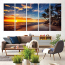 Tropical Beach Sunset Canvas Art, Palm Trees and Ocean Waves