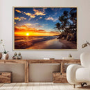 Tropical Beach Sunset Canvas Art, Palm Trees and Ocean Waves