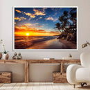 Tropical Beach Sunset Canvas Art, Palm Trees and Ocean Waves