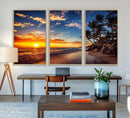 Tropical Beach Sunset Canvas Art, Palm Trees and Ocean Waves
