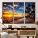 Tropical Beach Sunset Canvas Art, Palm Trees and Ocean Waves
