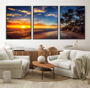 Tropical Beach Sunset Canvas Art, Palm Trees and Ocean Waves