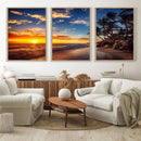 Tropical Beach Sunset Canvas Art, Palm Trees and Ocean Waves