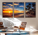 Tropical Beach Sunset Canvas Art, Palm Trees and Ocean Waves