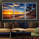 Tropical Beach Sunset Canvas Art, Palm Trees and Ocean Waves