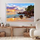 Tropical Beach Sunset Canvas Print, Ocean Waves and Rocky by MyGreatCanvas | Canvas Wall Art Prints | Photo Prints & Wall Decor