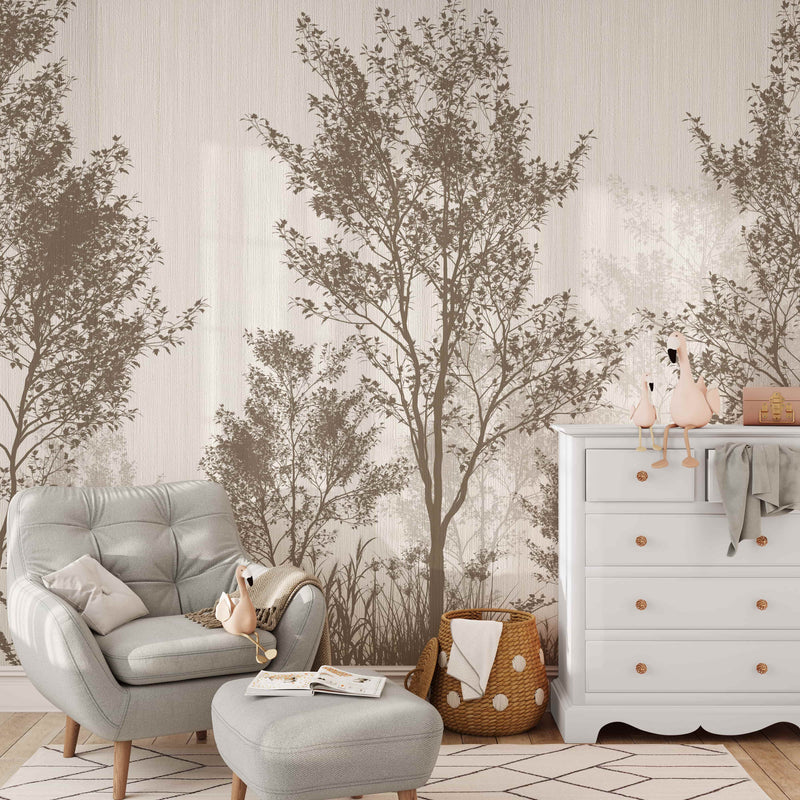 Elegant Forest Wallpaper Mural - Birch and Willow Trees in Neutral Tones