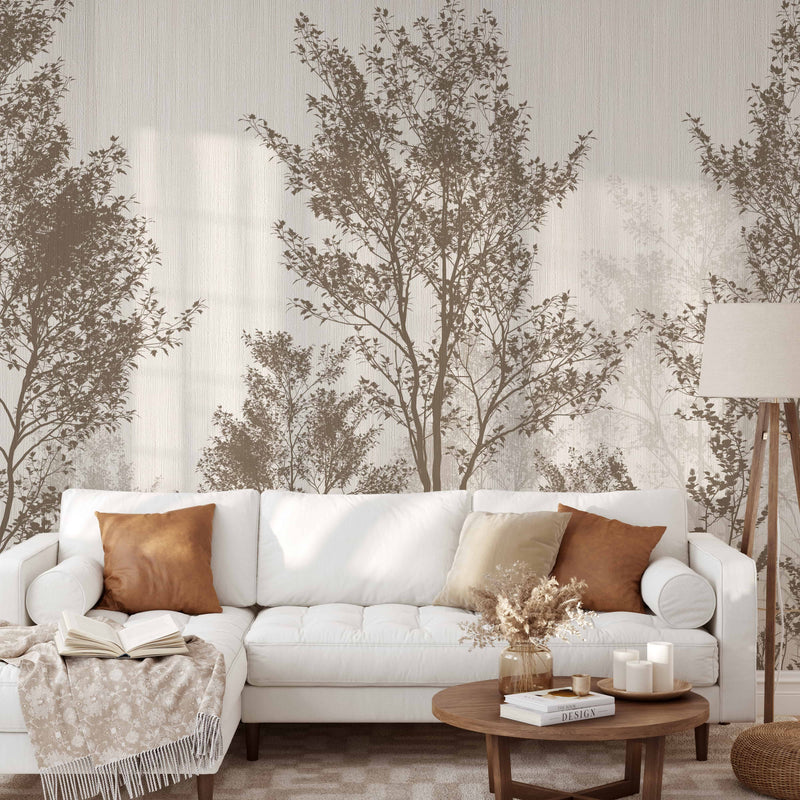 Elegant Forest Wallpaper Mural - Birch and Willow Trees in Neutral Tones