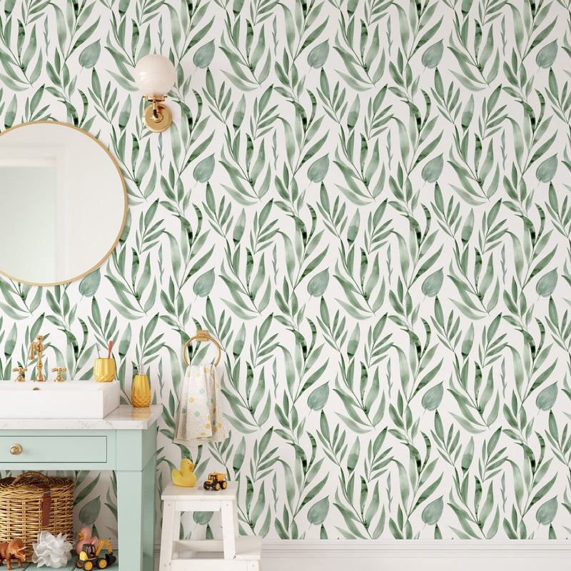 Hand Painted Botanical Green Leaves Wallpaper