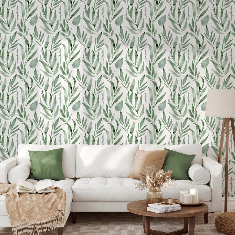 Hand Painted Botanical Green Leaves Wallpaper