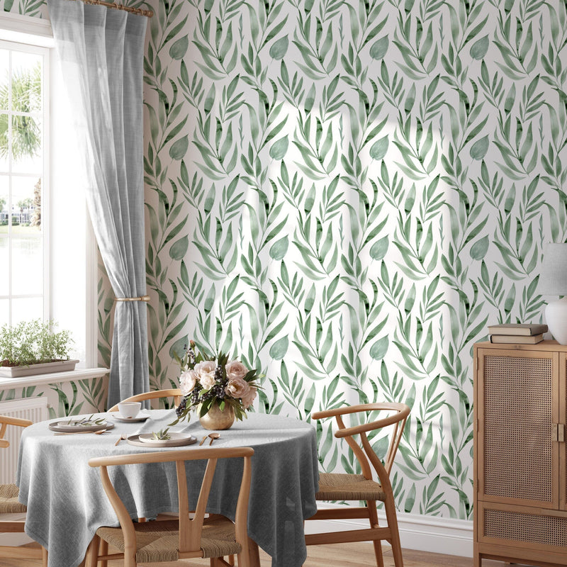 Hand Painted Botanical Green Leaves Wallpaper