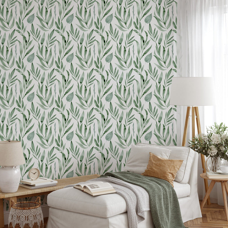 Hand Painted Botanical Green Leaves Wallpaper