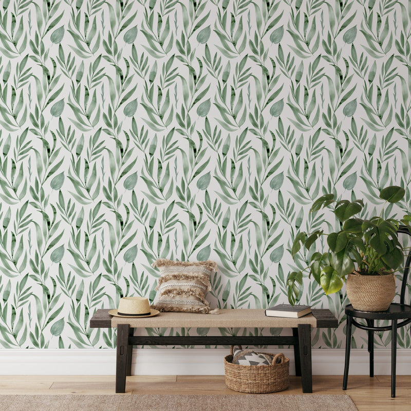 Hand Painted Botanical Green Leaves Wallpaper