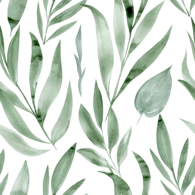 Hand Painted Botanical Green Leaves Wallpaper