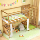 Twin Bunk Bed with Jungle Gym Wooden Loft Bed with Climbing Ladder-Natural