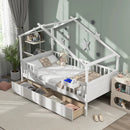 Twin House Bed with 2 Storage Drawers and Roof & Fence Rails by LJGDeals