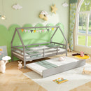 Twin House Bed with Trundle and Fence Rail-Gray