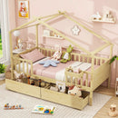 Twin House Bed with 2 Storage Drawers and Roof & Fence Rails by LJGDeals