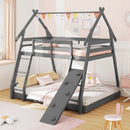 Twin Over Queen Bunk Bed Wooden Kids Bed with Climbing Nets and Ramp by LJGDeals