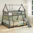 Twin Over Queen Bunk Bed Wooden Kids Bed with Climbing Nets and Ramp by LJGDeals