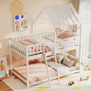 Twin Over Twin House Bunk Bed with Roof and Full-length Guardrails for Kids Teens Boys Girls