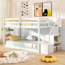 Twin Over Twin Low Bunk Bed with Storage Stairs Solid Wood Floor Bunk Bed Frame by LJGDeals