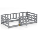 Twin Size Floor Bed with High Fence and Door Playhouse for Kids