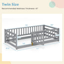 Twin Size Floor Bed with High Fence and Door Playhouse for Kids-Gray