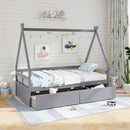 Twin Size House Bed with Roof and Safety Guardrail